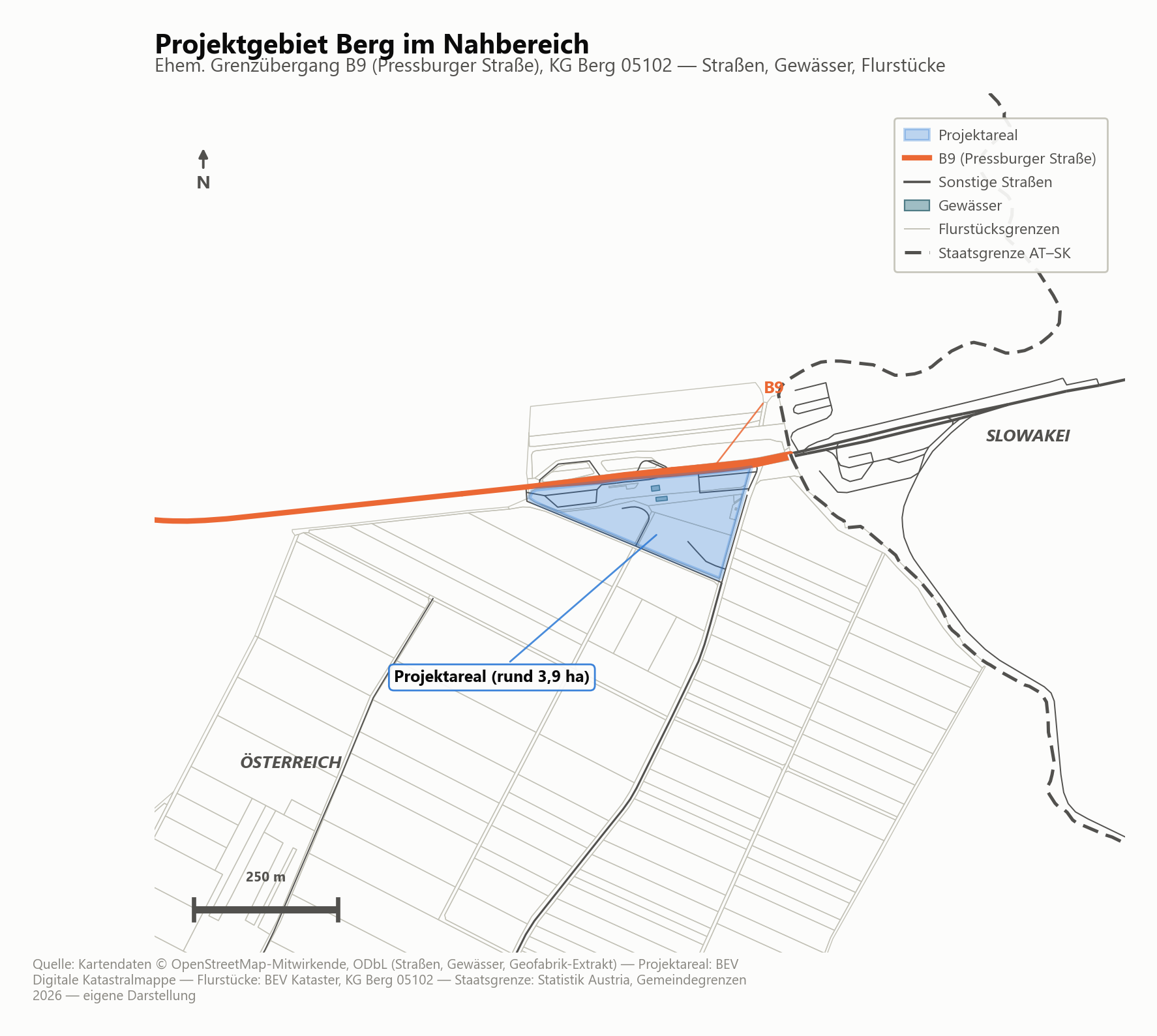 Karte Projektgebiet Berg im Nahbereich mit Flurstücken und B9