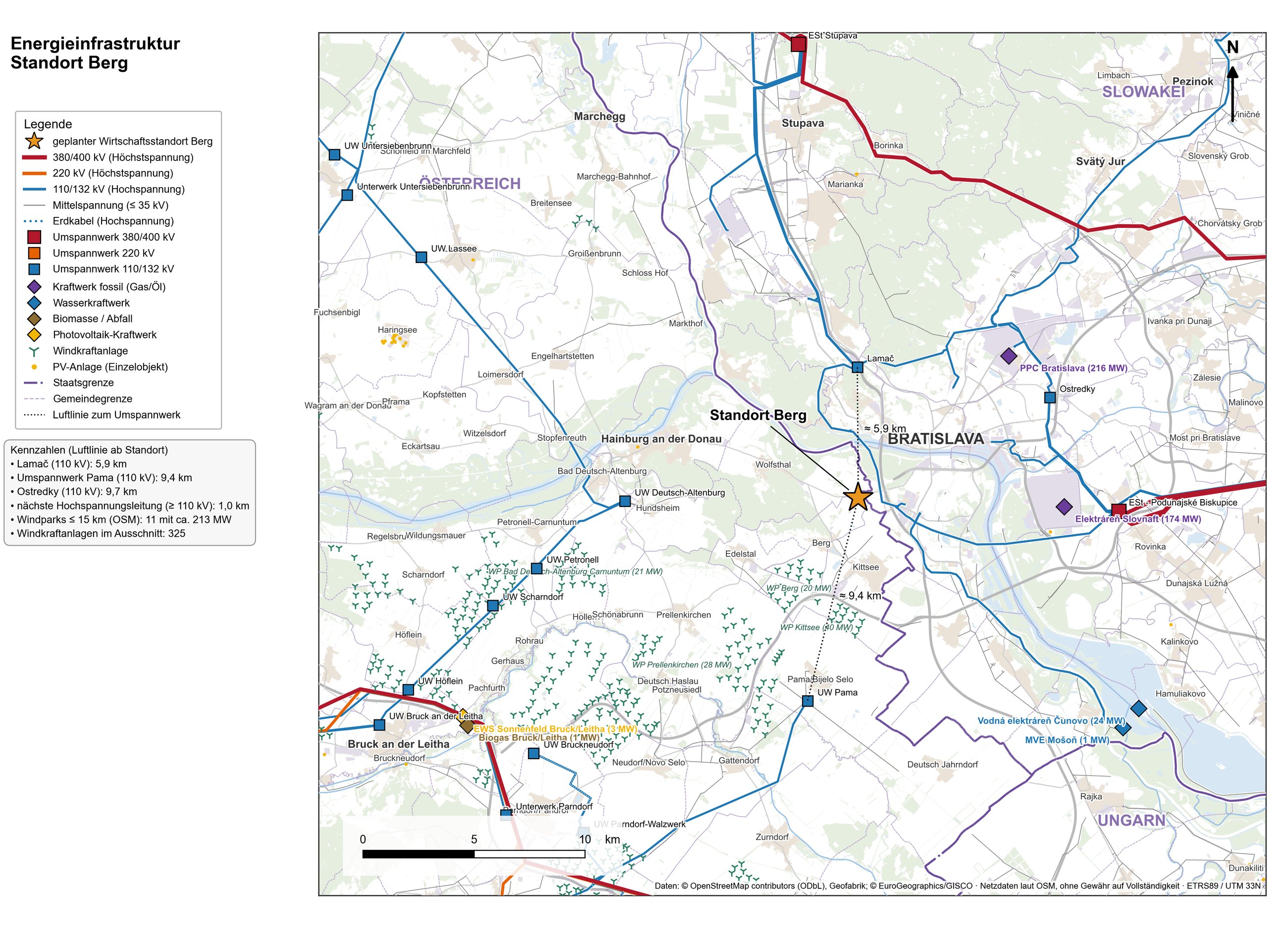 Karte Energieinfrastruktur: Stromleitungen nach Spannungsebene, Umspannwerke, Kraftwerke und Windkraftanlagen im Umfeld des Standorts Berg