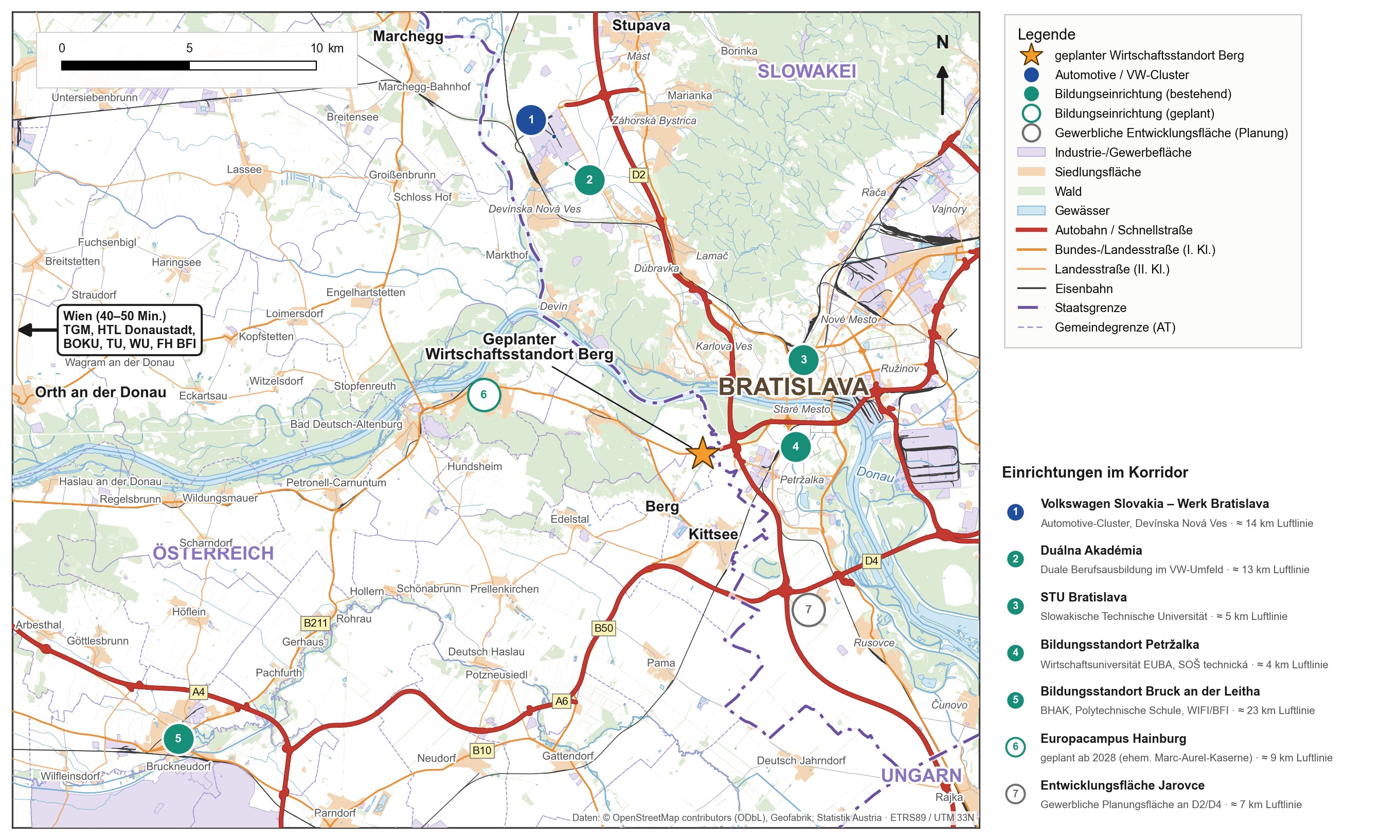 Karte Bildungseinrichtungen, VW-Cluster und Entwicklungsfläche Jarovce im TwinCity-Korridor um den Standort Berg